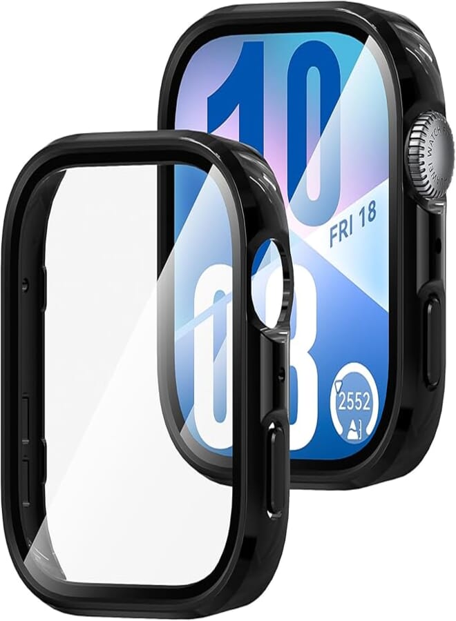 Diruite 2 Pieces Tempered Glass Case for Huawei Watch Fit 4 Screen Protector HD Ultrathin PC All Around Hard Matte Protective Cover,Black&Black